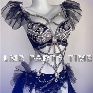 black rhinestone bead rave bra set(moving sale)